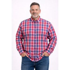 Men’s Regular-Fit Long Sleeve Casual Poplin Shirt–Red & Blue Plaid–Size 2XL-NWT